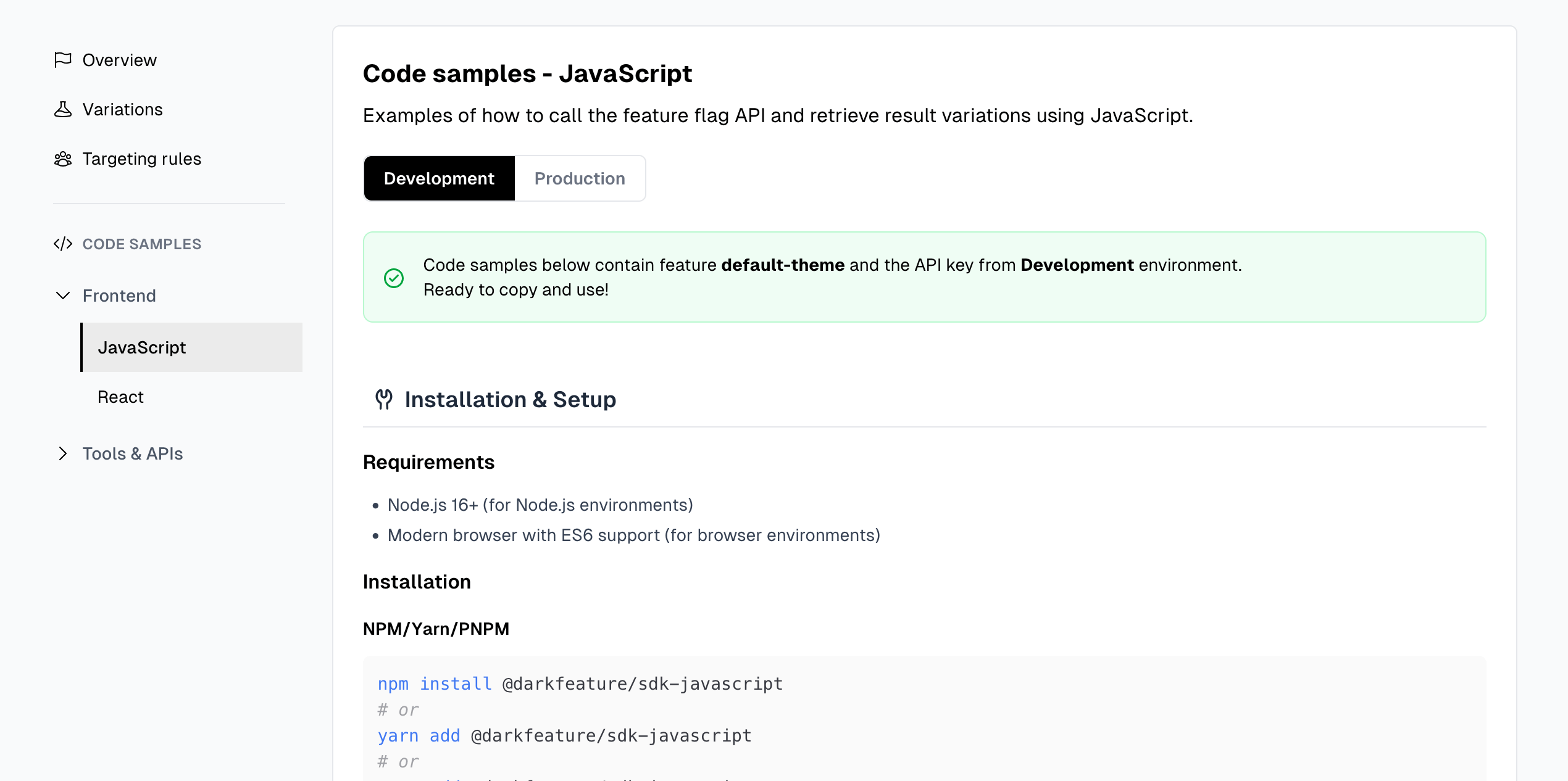 Code Snippets UI showing JavaScript, React, and Node.js options