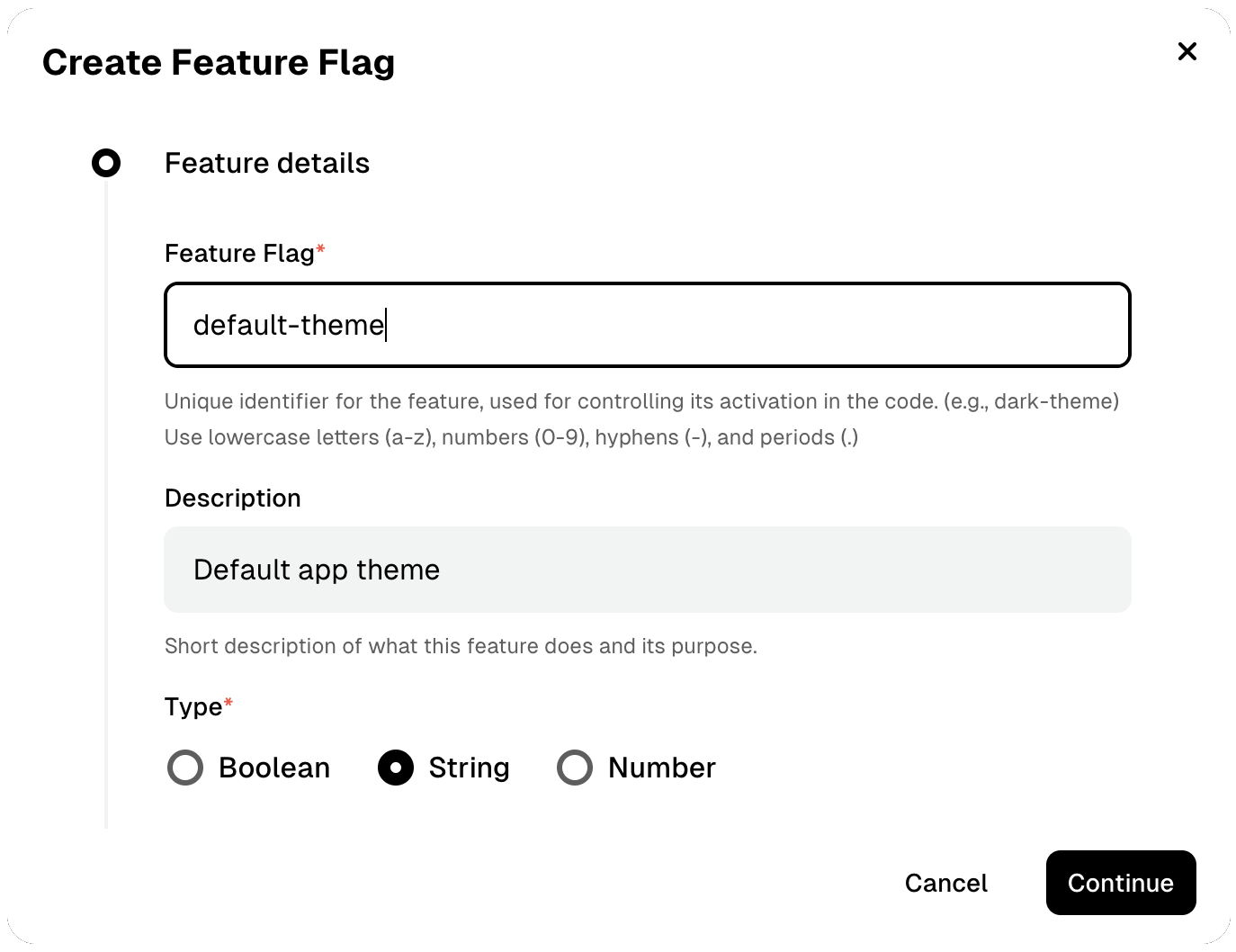 String Flags UI showing boolean, string, and number options